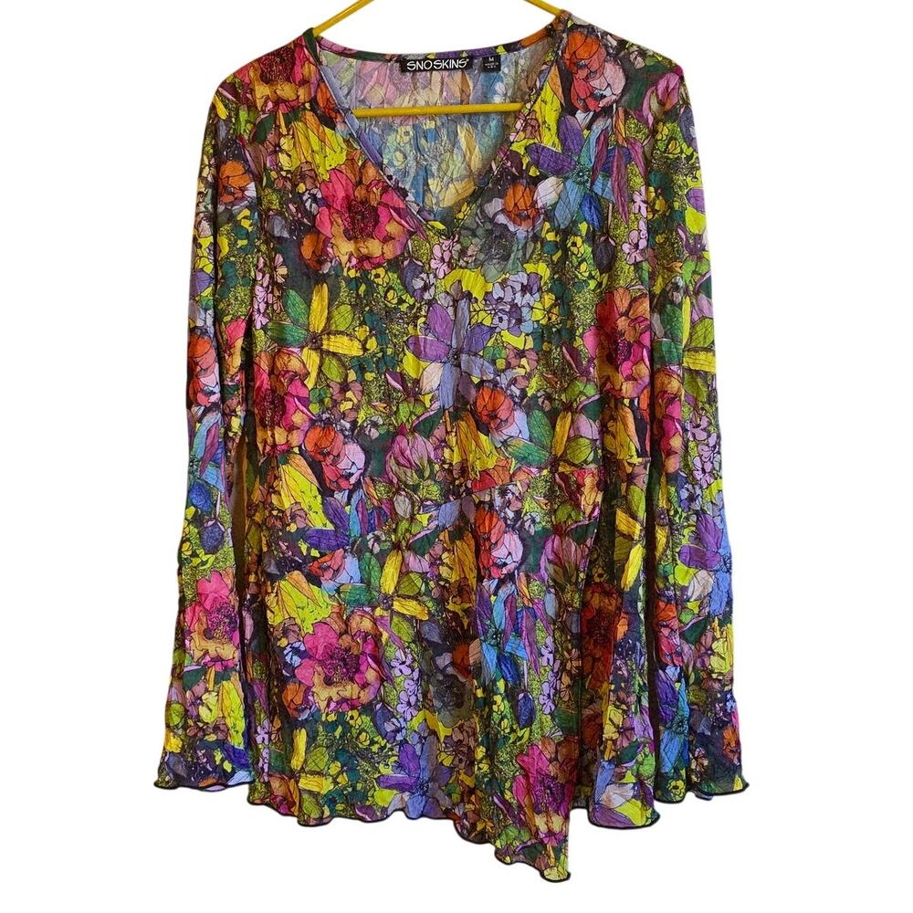 Snoskins semi sheer long sleeve v neck shirt NWT size medium bouqet
